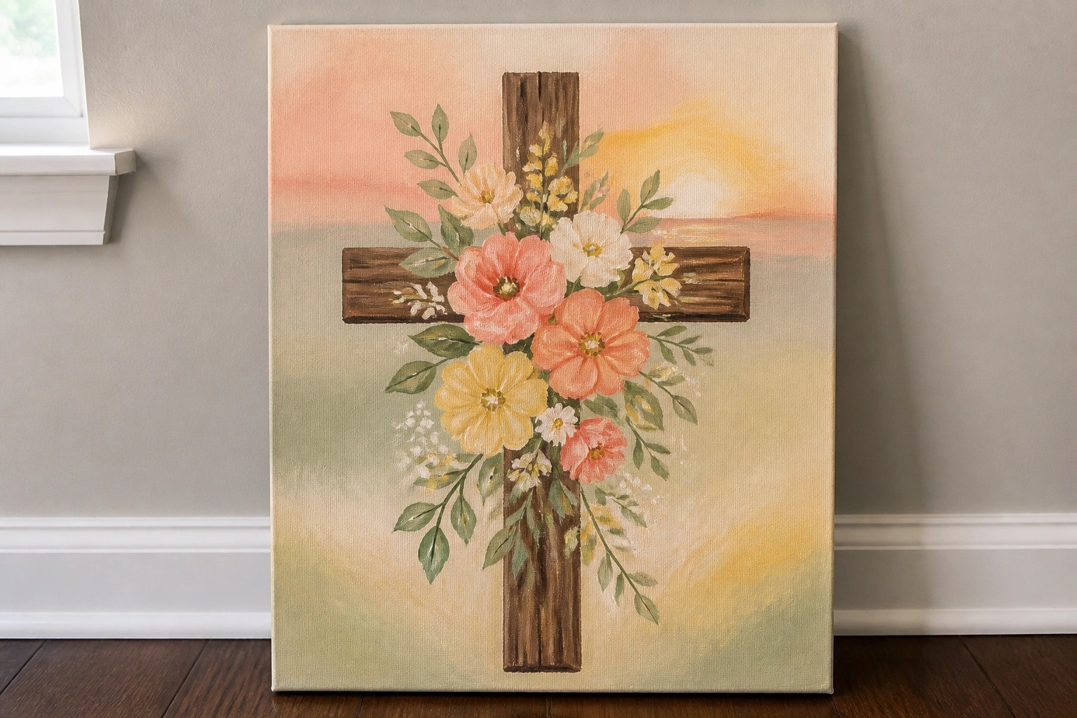 Wooden cross with pink, white, and yellow flowers against a vibrant sunset landscape