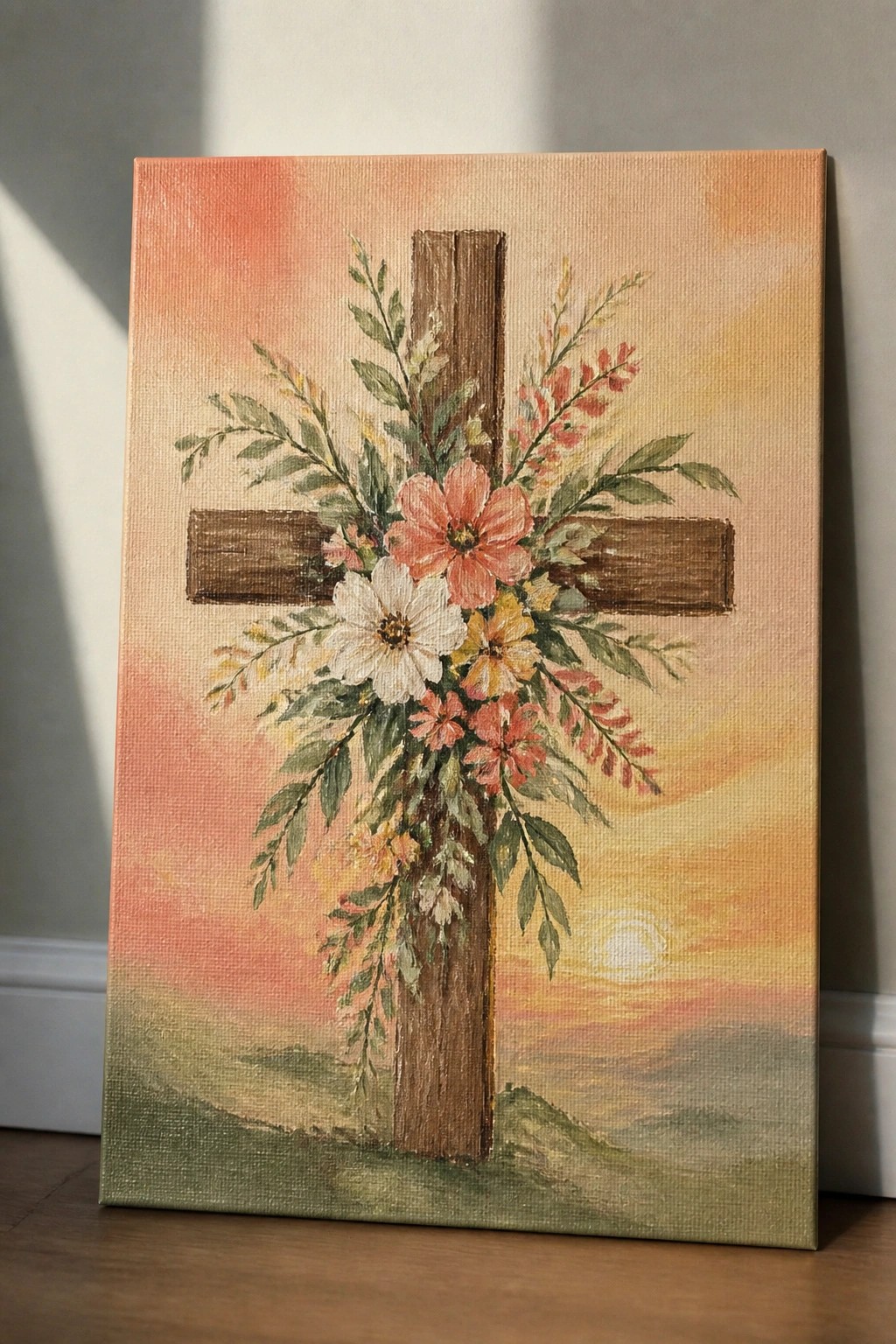 Wooden cross with pink, white, and yellow flowers against a vibrant sunset landscape