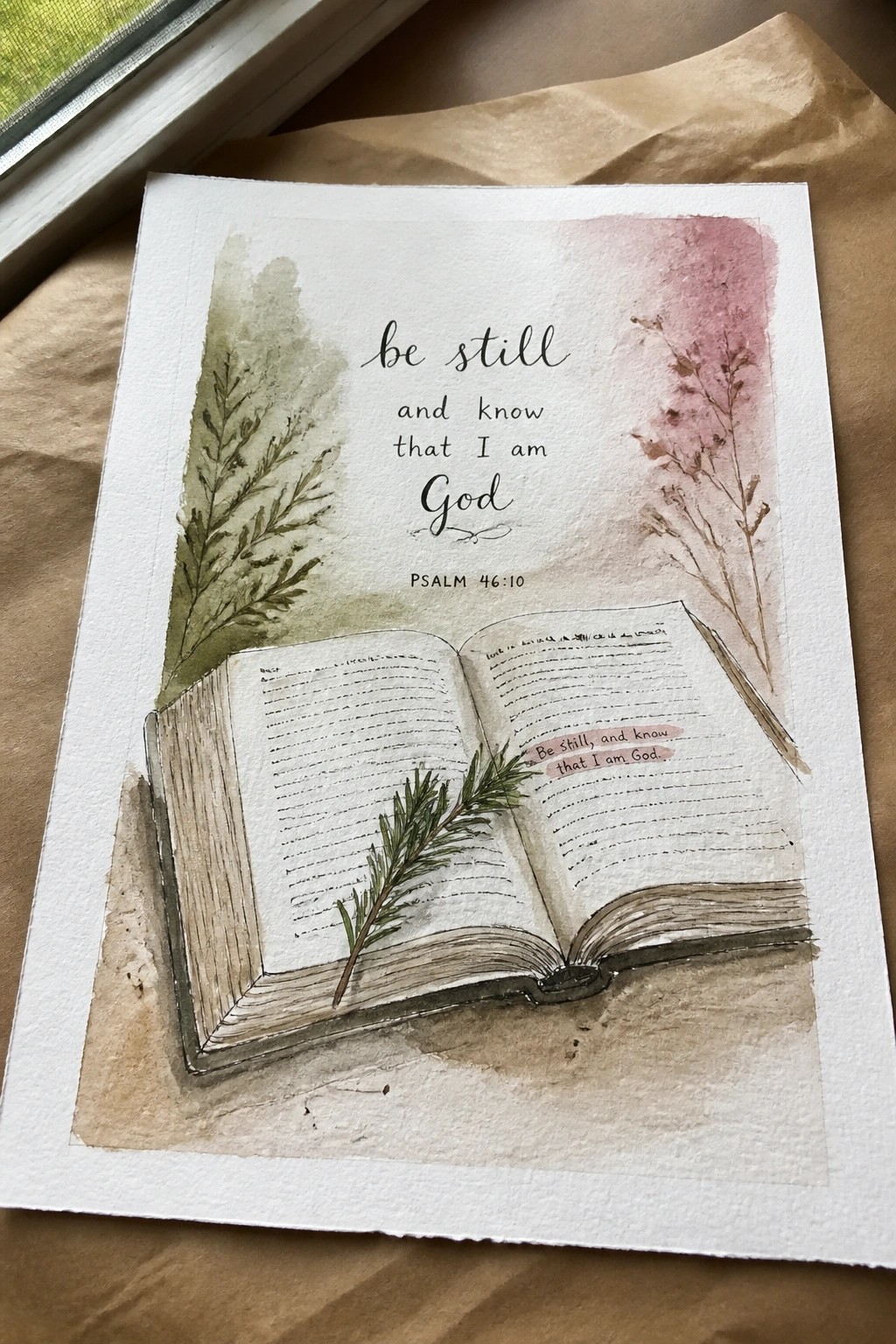Watercolor of open book with rosemary sprig, pink-green foliage, and Psalm 46:10 verse