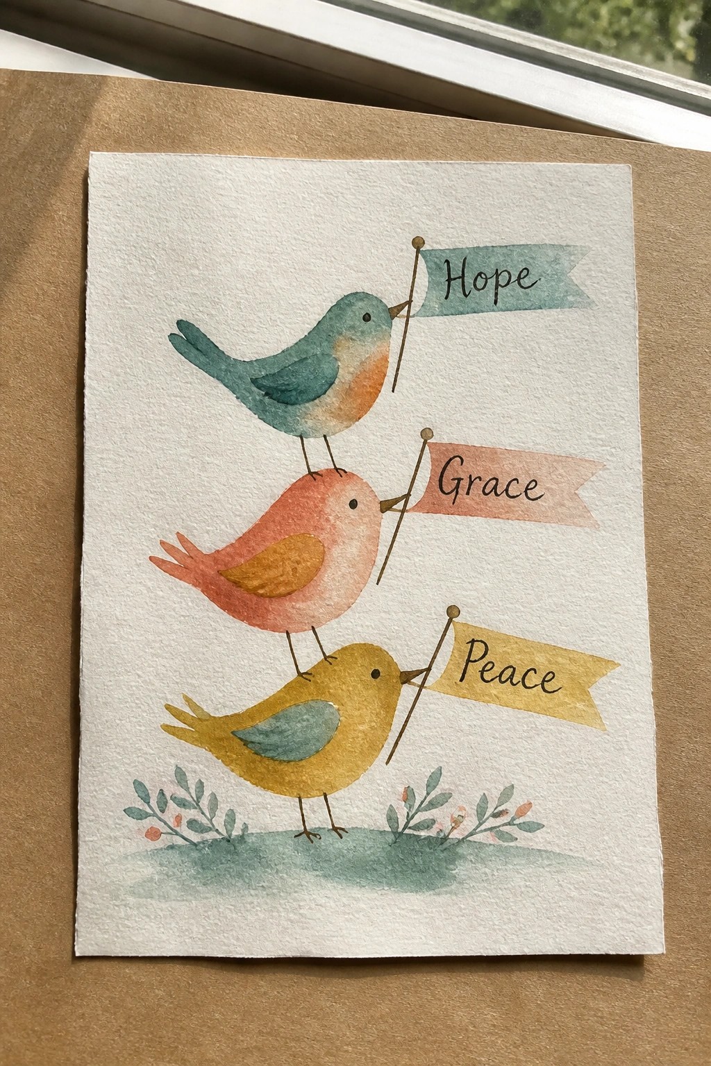 Three stacked watercolor birds hold hope, grace, and peace banners above leafy ground.