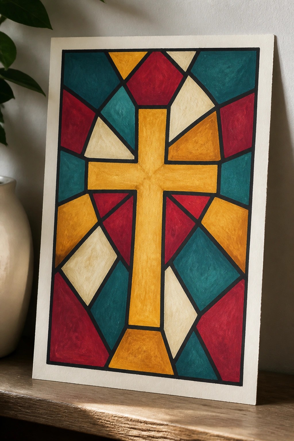 Vibrant stained glass style cross in red, teal, yellow geometric patterns.