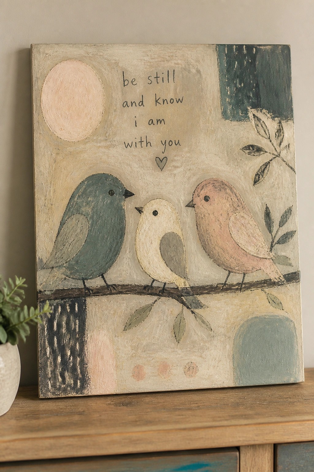 Three birds in teal, white, and pink on a branch with inspirational quote