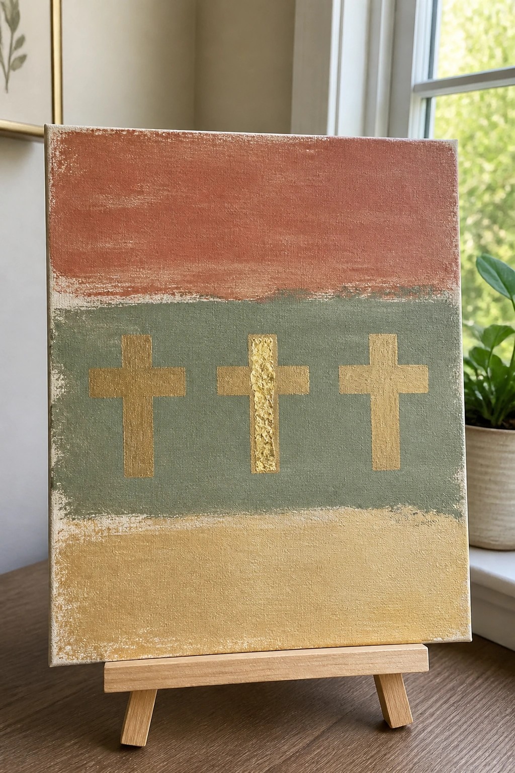 Canvas on easel with three gold crosses on terracotta, green, and yellow stripes