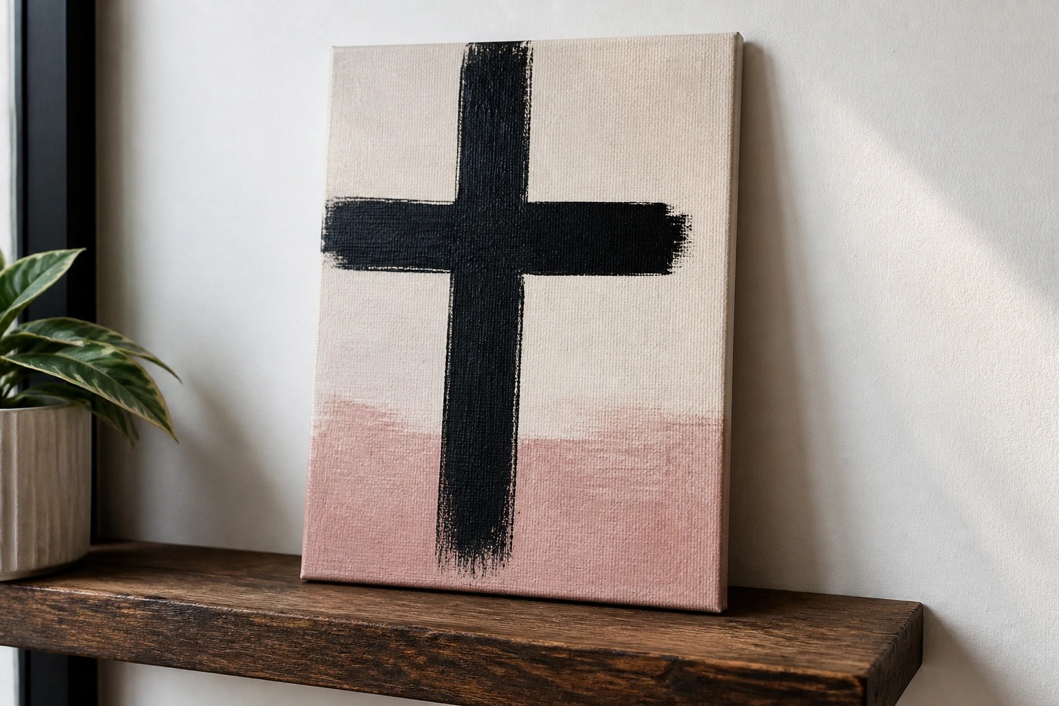 Bold black cross on textured canvas with pink gradient, displayed on wooden shelf.