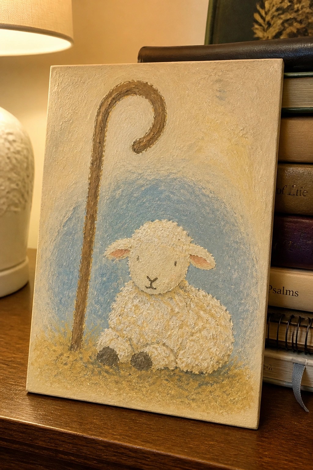 Canvas painting of a fluffy white sheep with shepherd's crook beside stacked books.