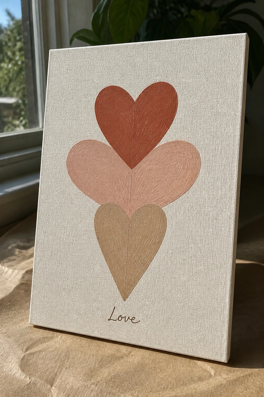 White canvas with three stacked hearts in terracotta, peach, and beige tones above 