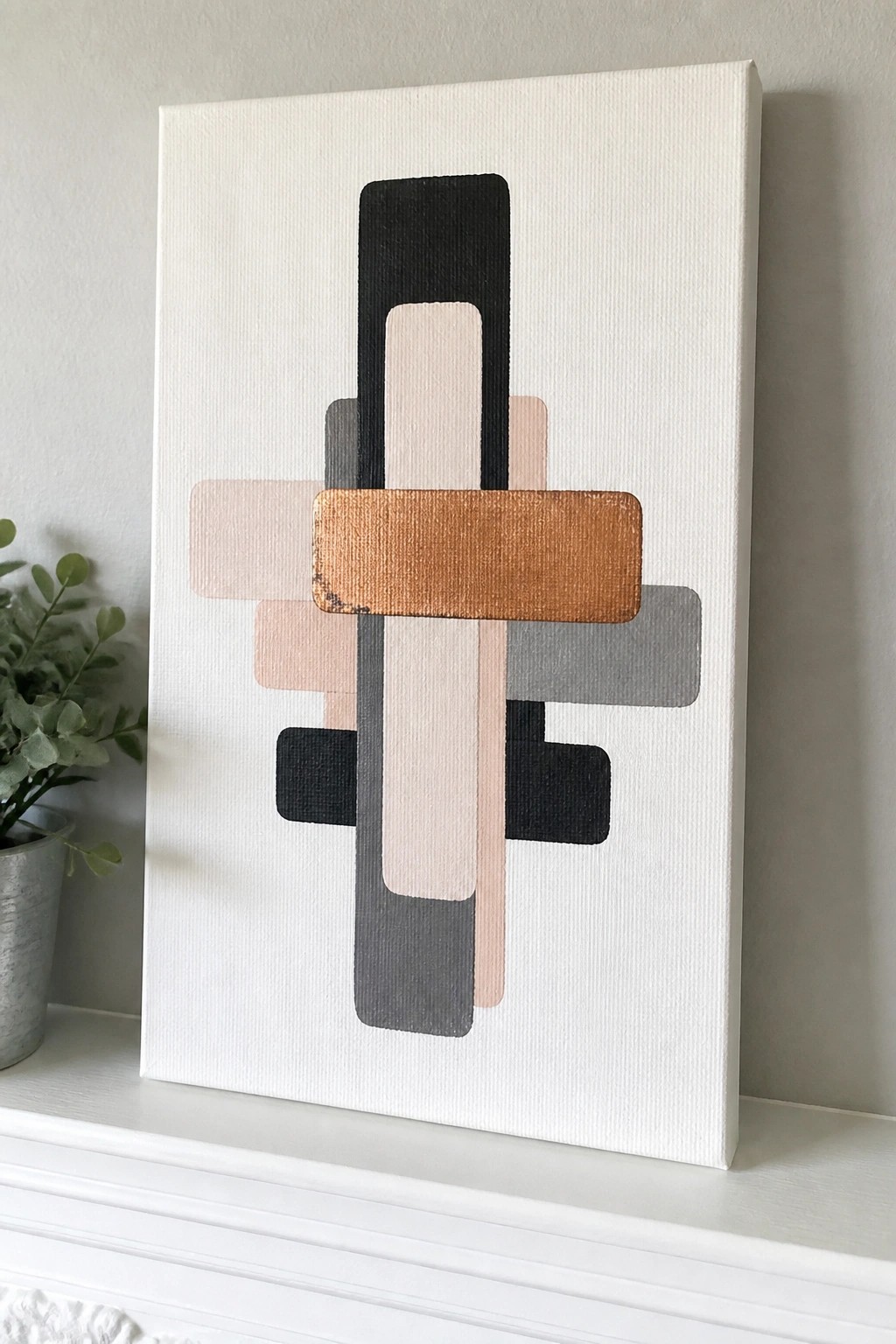 Abstract geometric painting with overlapping black, beige, gray, and copper bars on white canvas.