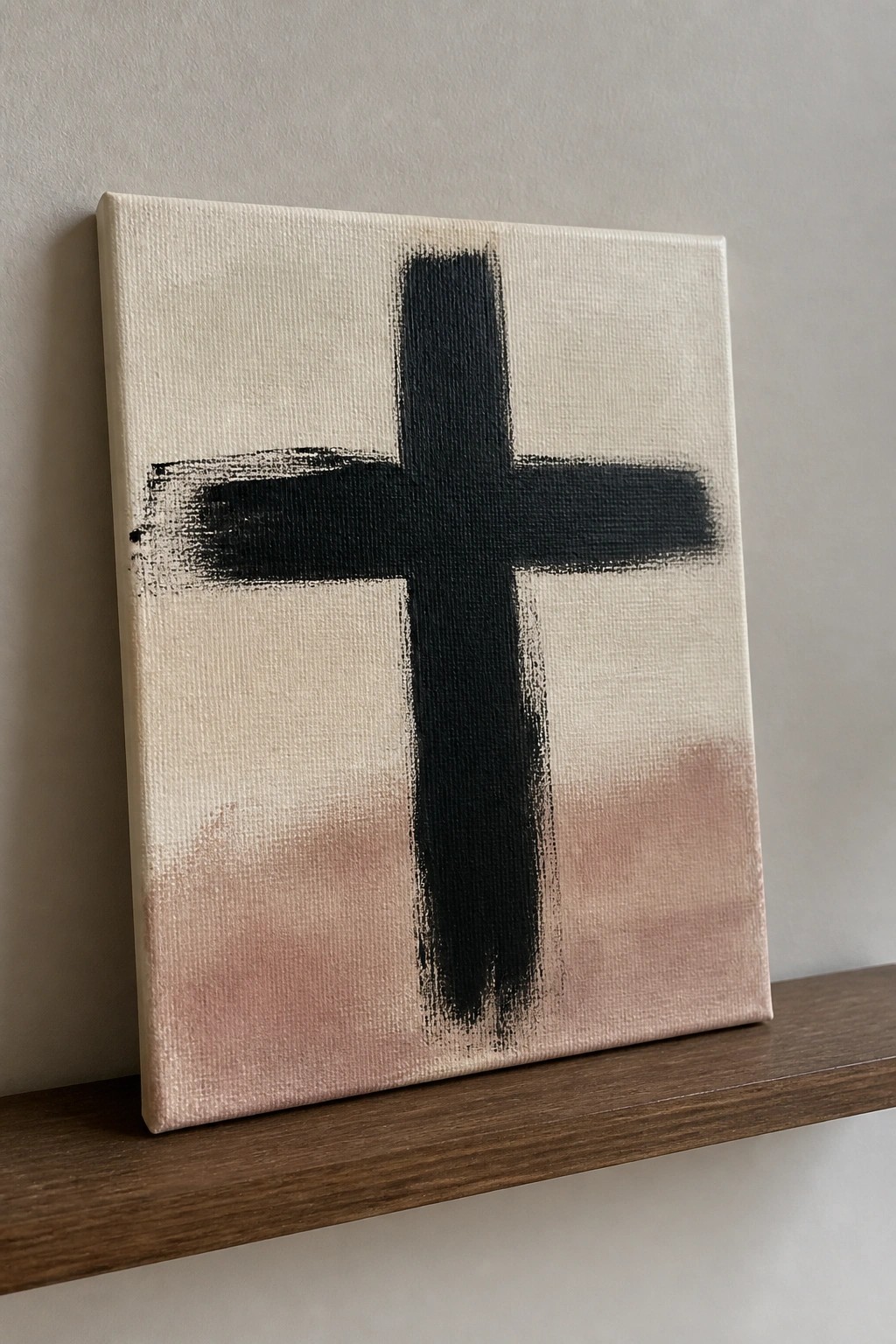 Bold black cross on textured canvas with pink gradient, displayed on wooden shelf.