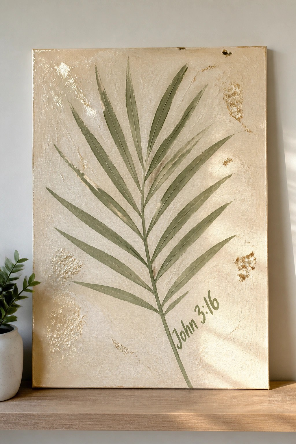 Beige canvas with green palm leaf, gold accents, and John 3:16 on wooden shelf