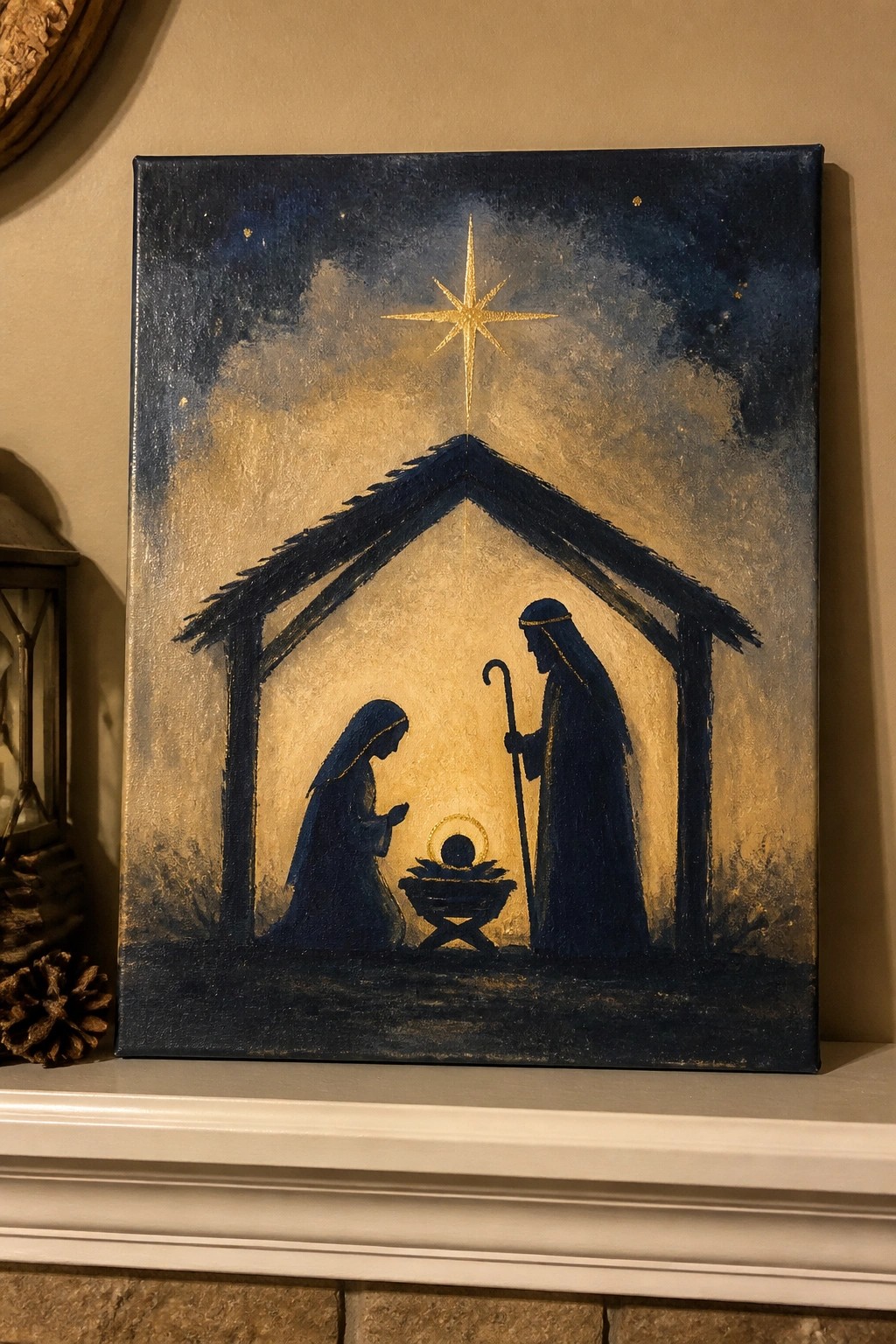 Nativity painting of Mary, Joseph, and baby Jesus beneath glowing golden star.