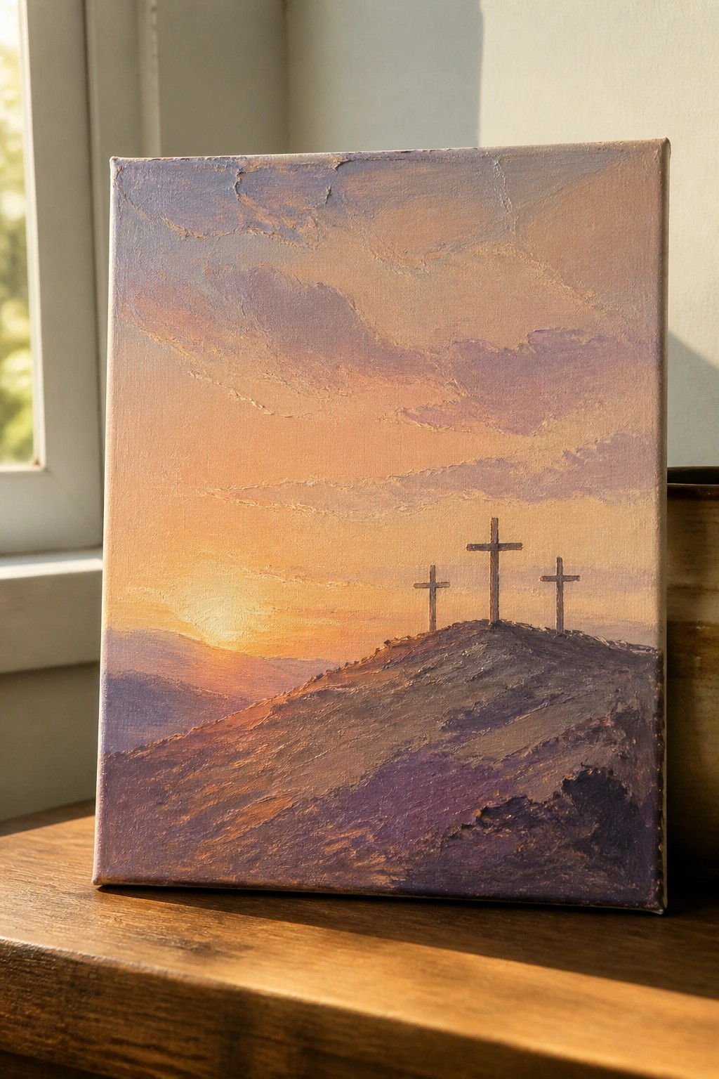 A canvas painting of three crosses on a hill at sunset with purple and orange sky tones resting on a wooden surface.
