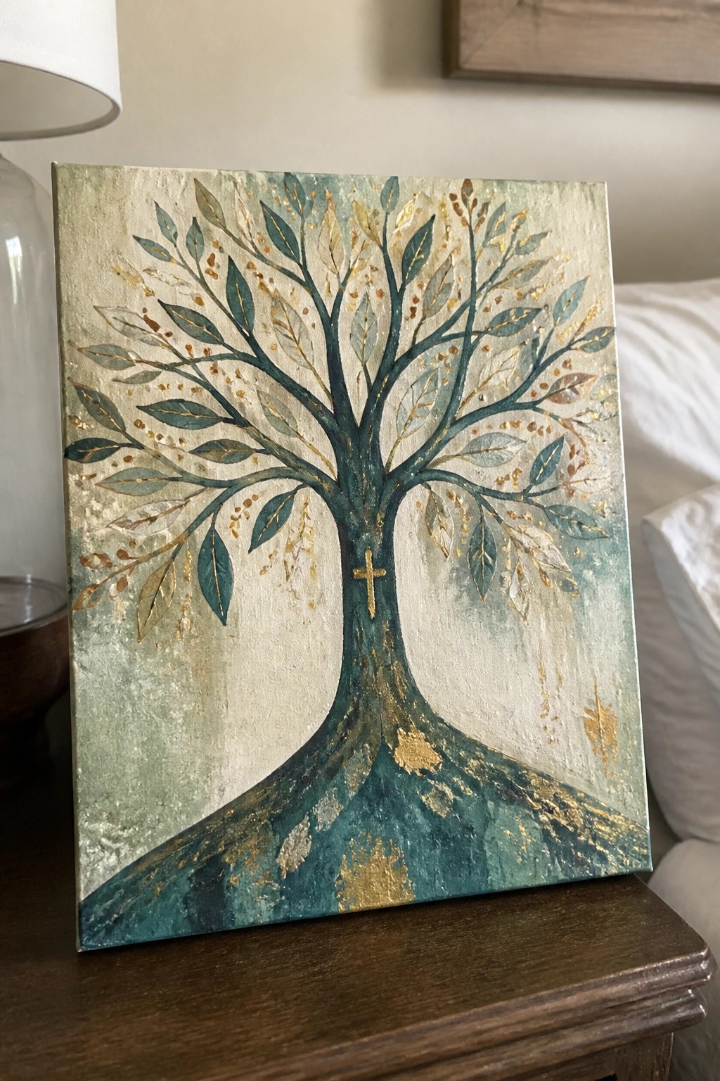 Teal and gold tree painting with cross on canvas atop wooden table