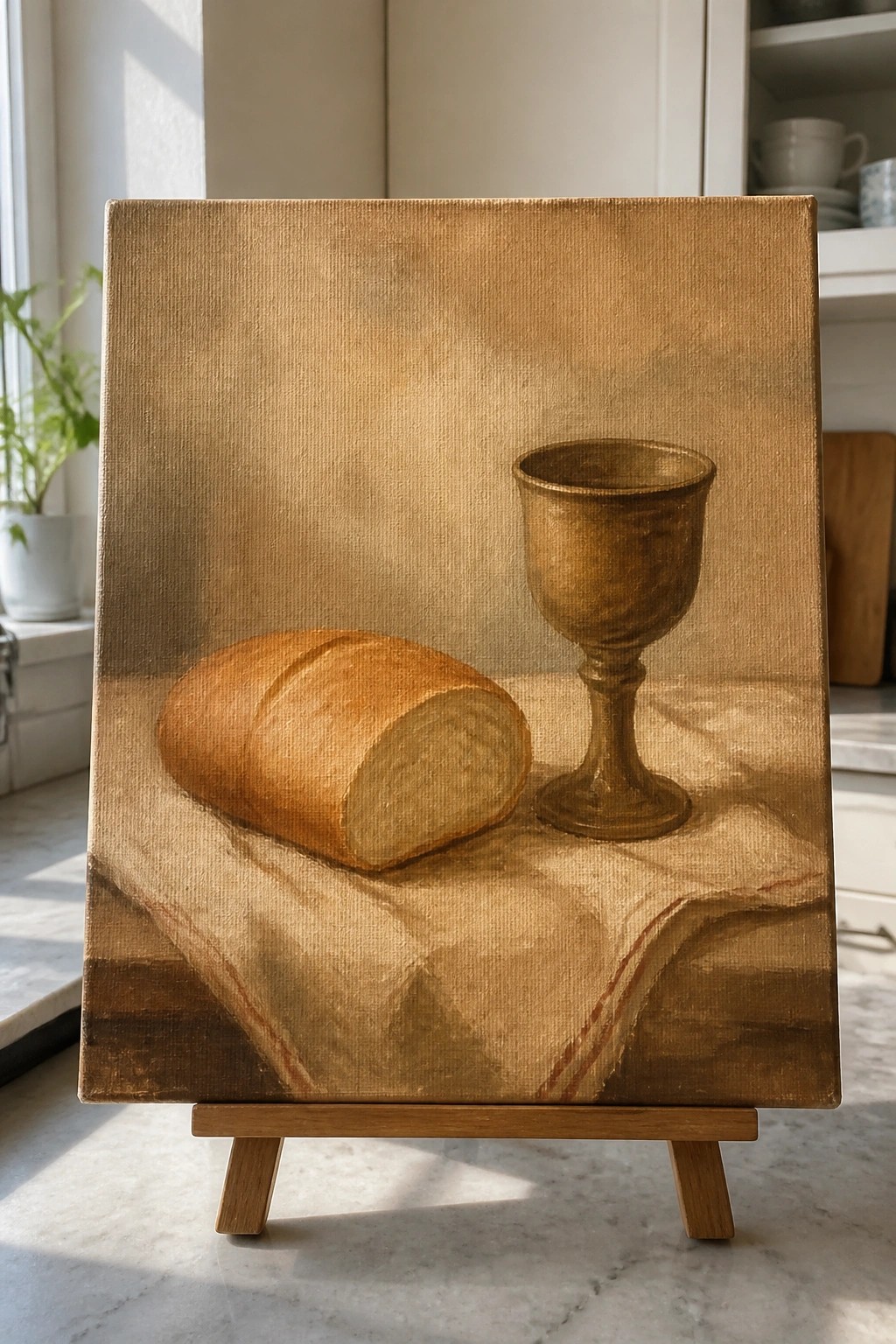 A realistic painting of a loaf of bread and a goblet on a draped cloth against a plain wall.