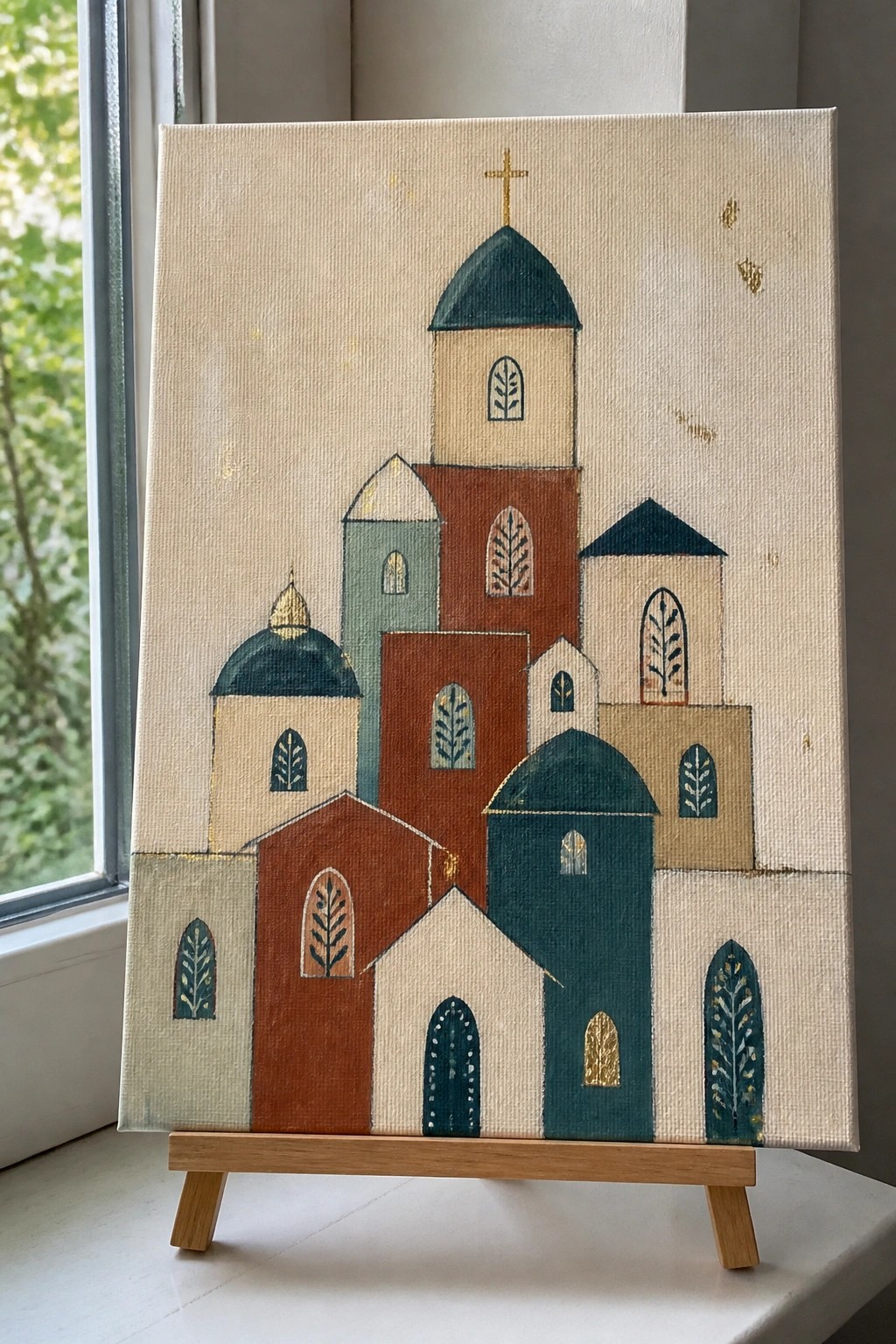 Abstract painting of clustered domed buildings with teal roofs, arched windows, and gold accents on easel.