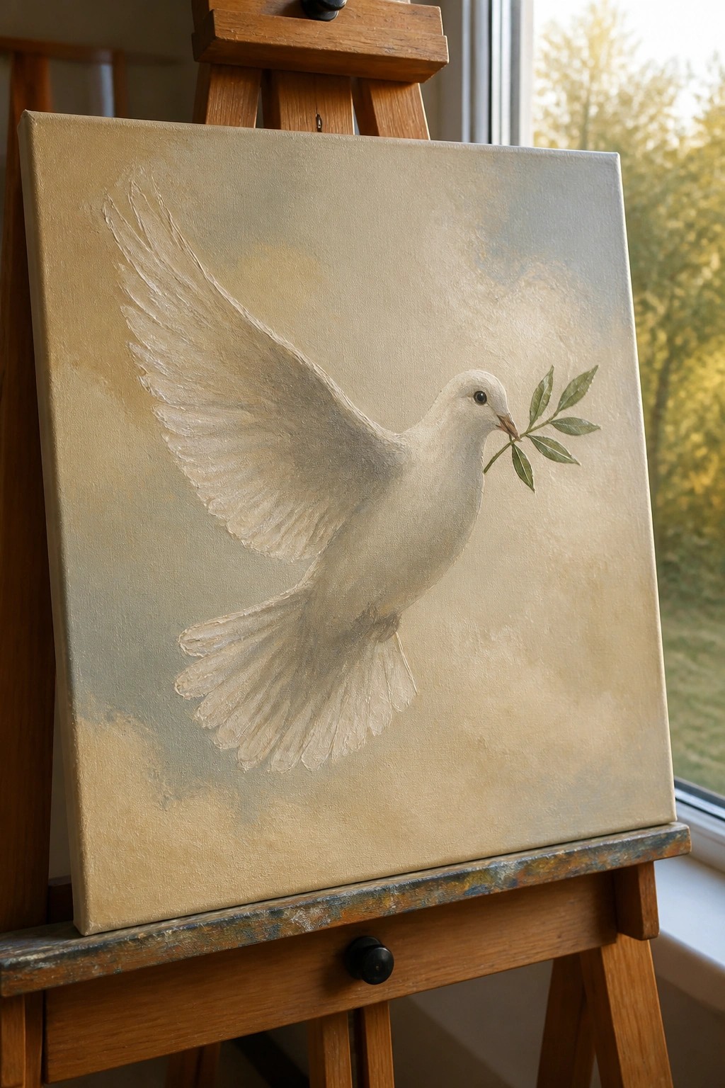 White dove with olive branch painted on canvas atop wooden easel