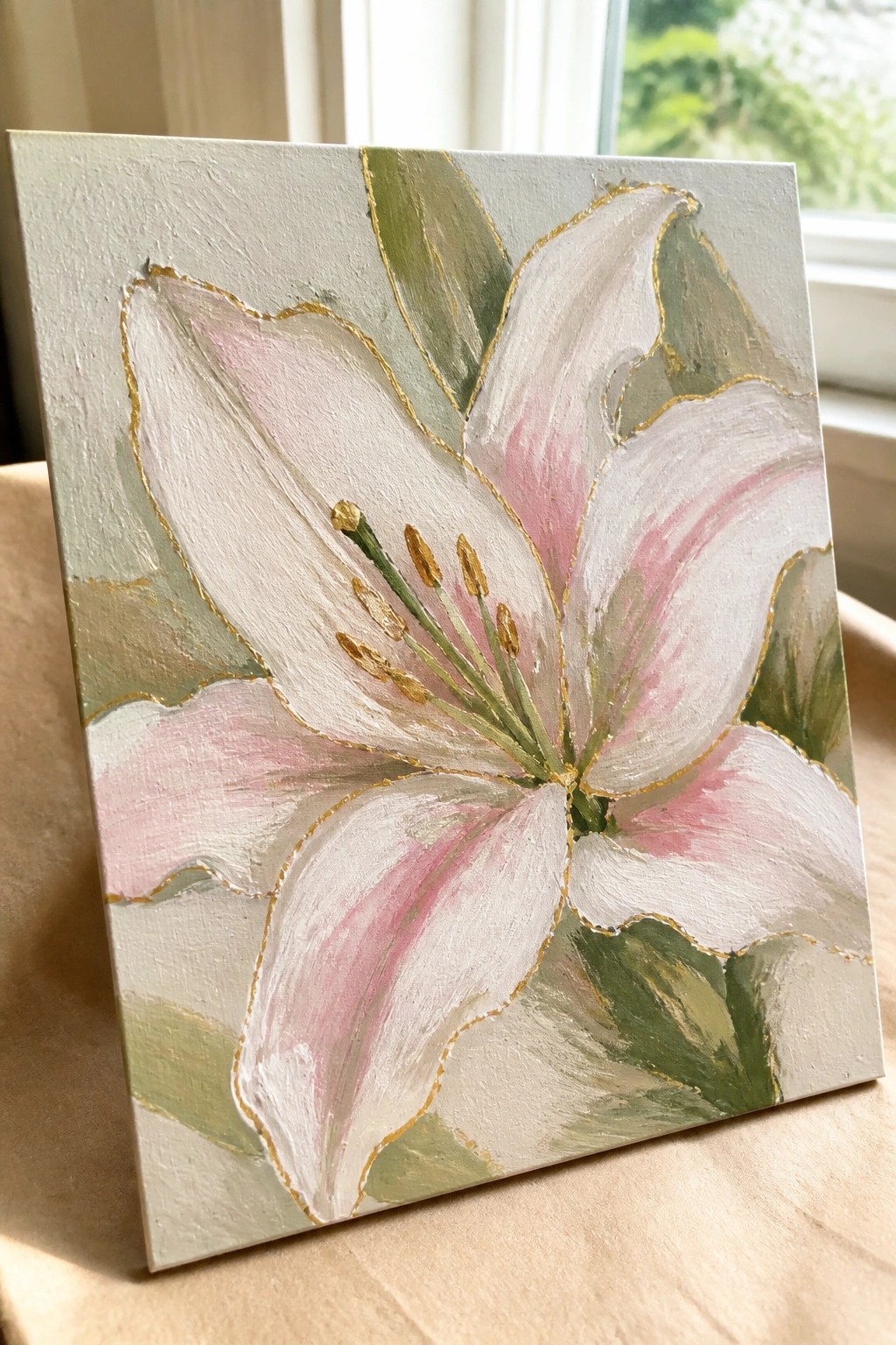 Canvas painting of pink and white lily with gold petal accents
