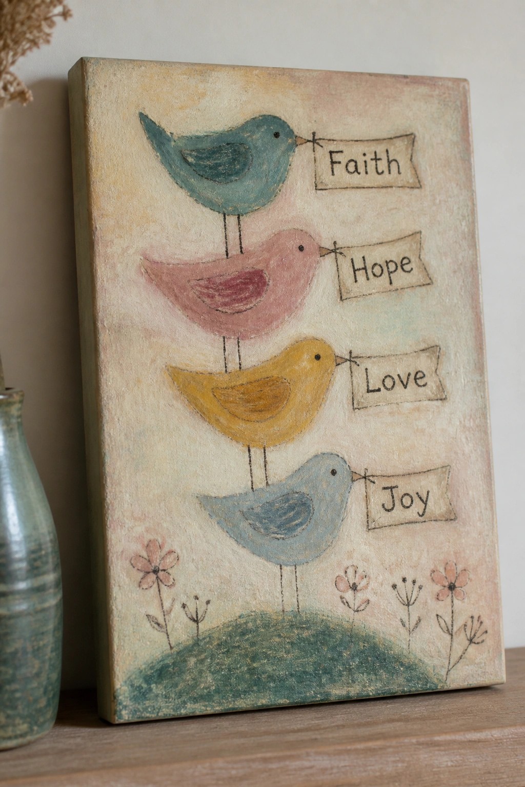 Folk art canvas with four stacked birds holding faith, hope, love, joy banners.