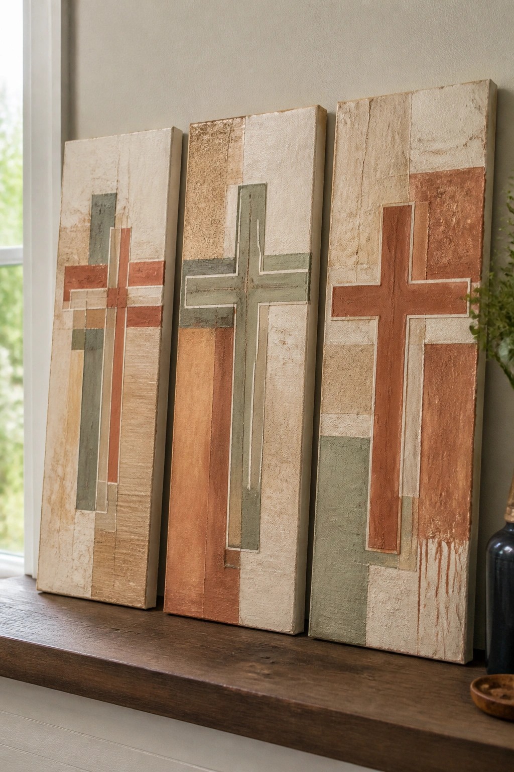 Three abstract cross paintings in earthy tones on a wooden windowsill.