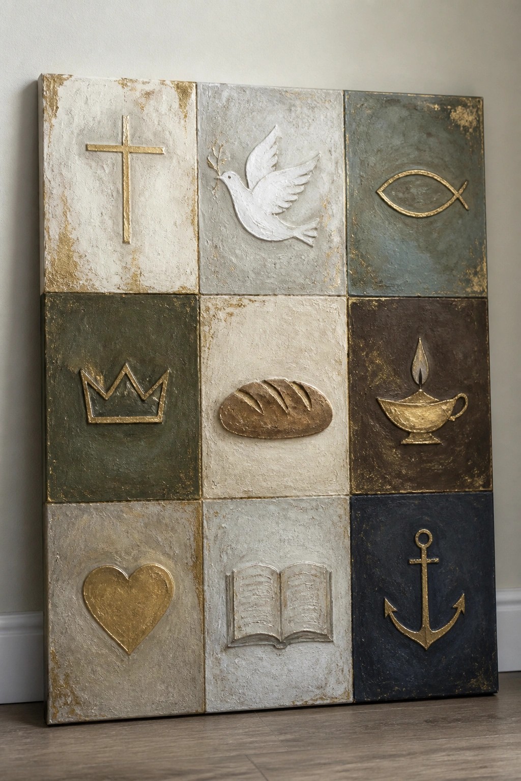 Textured 3x3 grid artwork with Christian symbols: cross, dove, fish, crown, bread, lamp, heart, book, anchor.