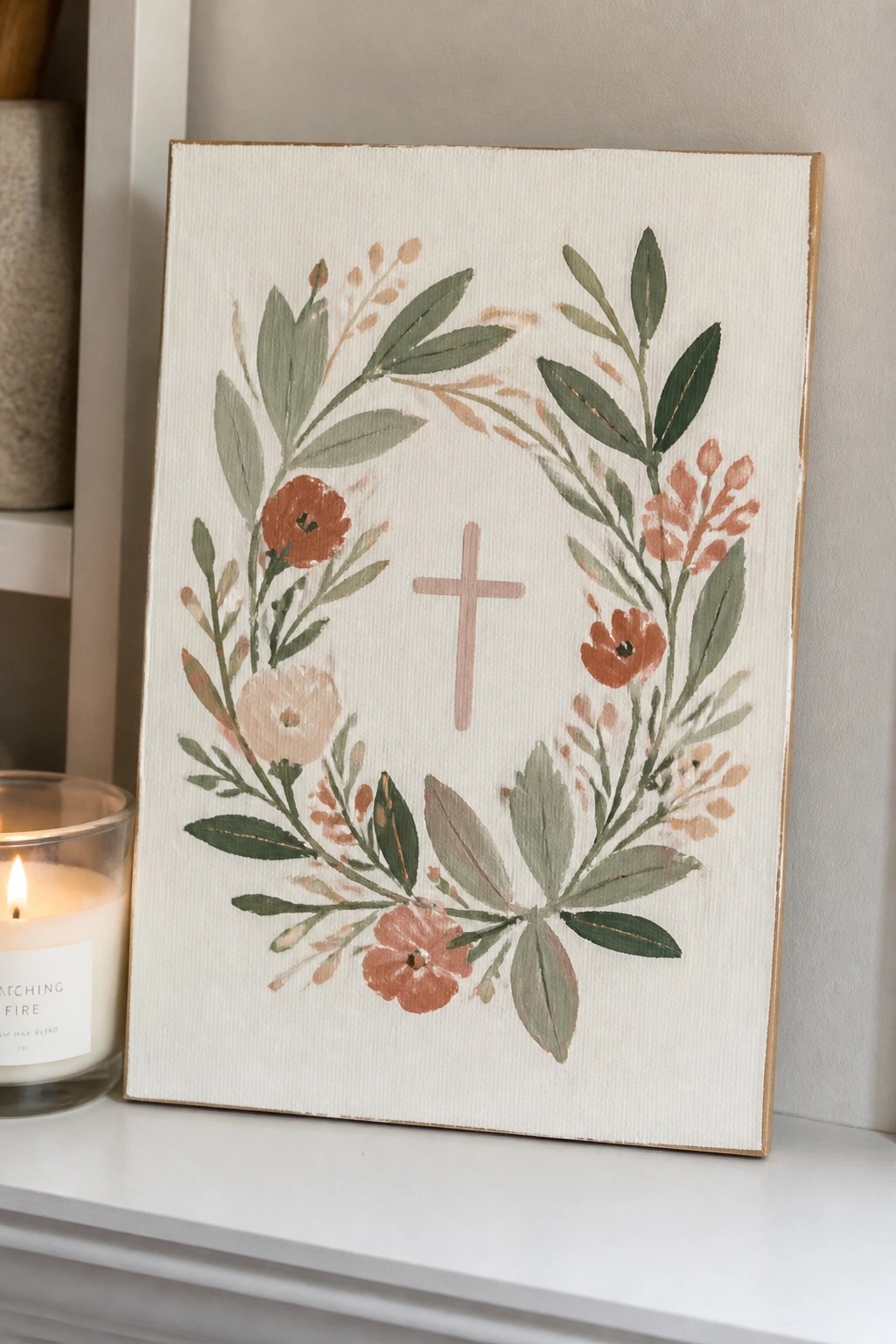 Floral wreath painting with central cross beside lit candle on white shelf