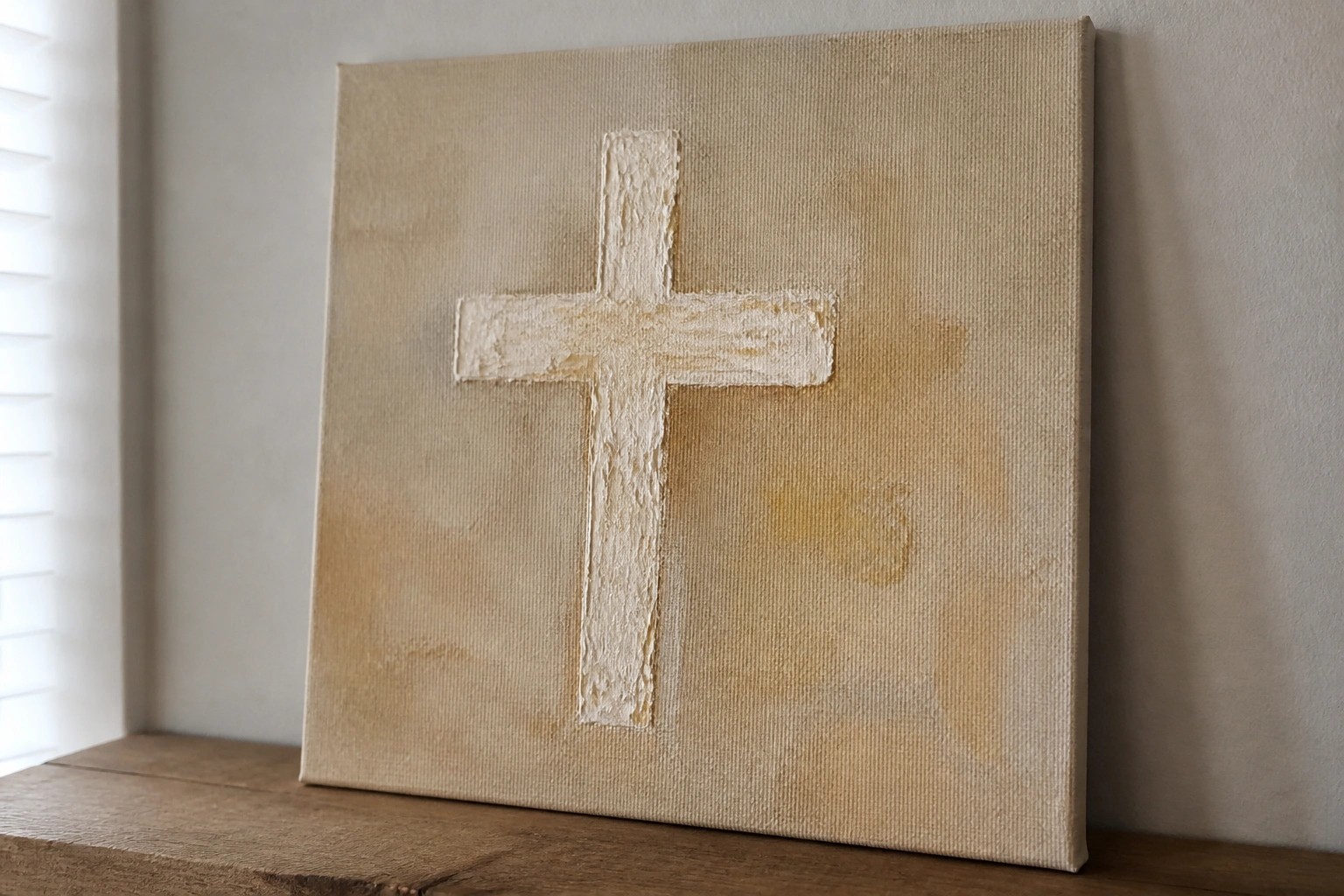 Textured abstract cross painting in white and beige on canvas beside ceramic vase on shelf