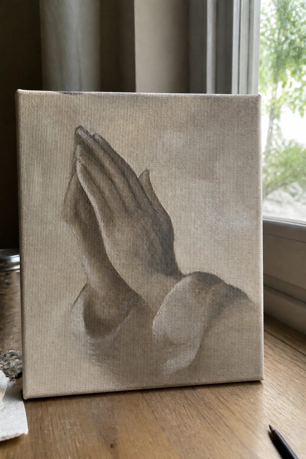 Painting of praying hands in monochrome tones on canvas by window