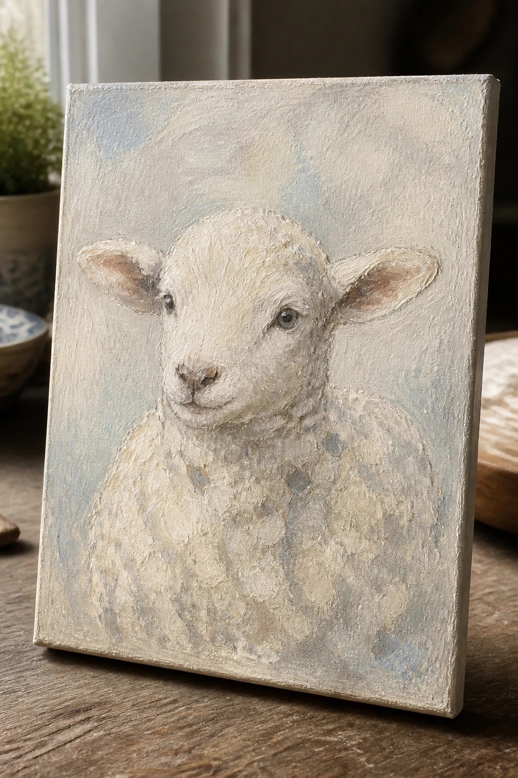Thickly textured painting of a white lamb on canvas resting on wooden table.