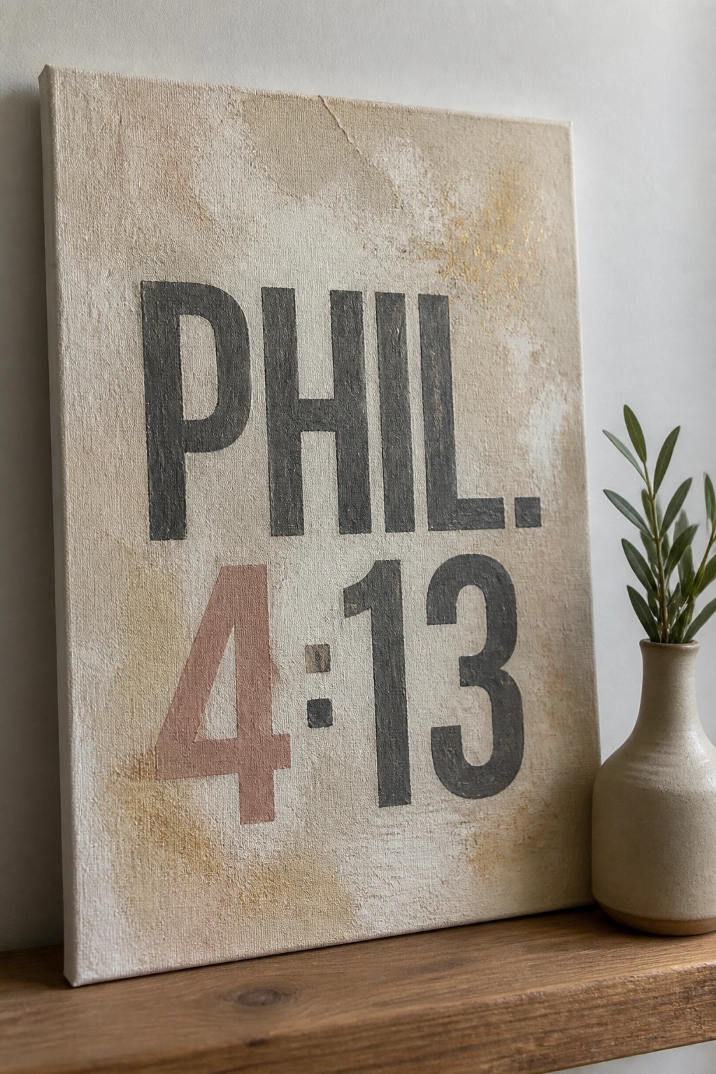 Textured beige canvas with PHIL. 4:13 text beside small vase with greenery on wood shelf