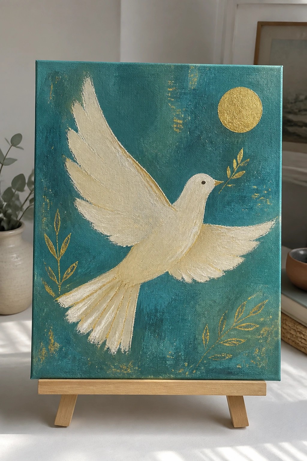 White dove painting in flight with golden olive branch on teal canvas with gold sun and leaves