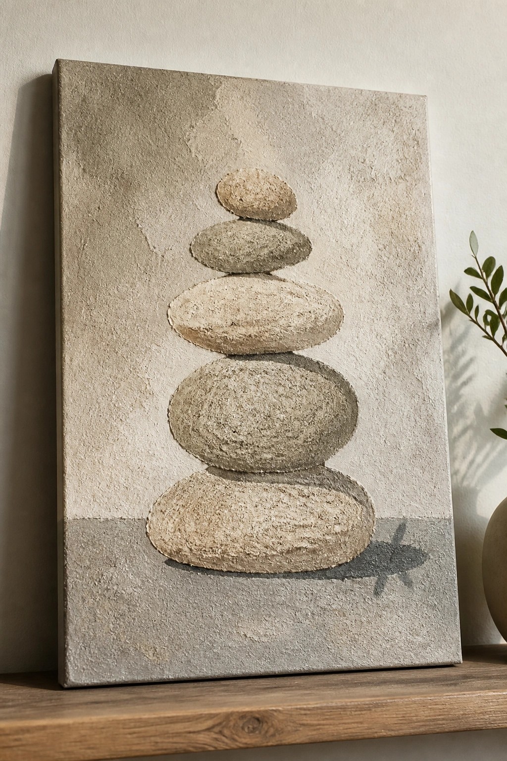 Textured painting of five stacked oval stones in neutral beige tones