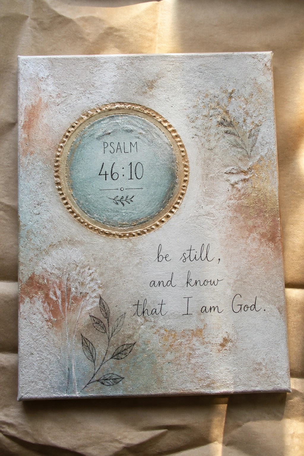 Textured canvas with gold-rimmed Psalm 46:10 medallion, leaf motifs, and 
