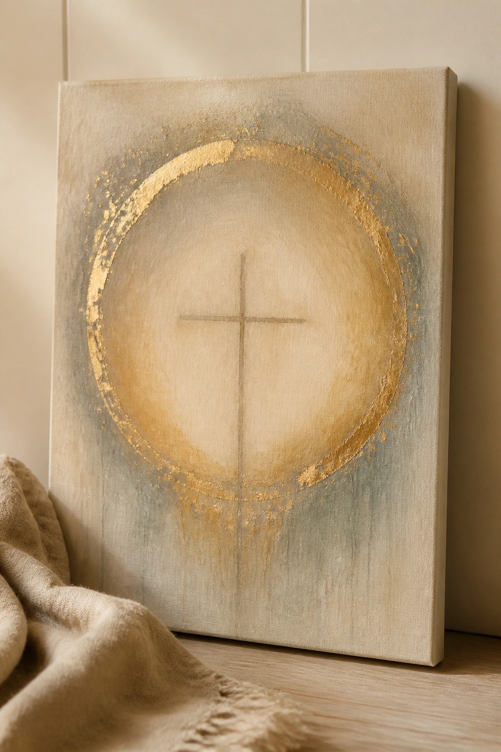 Abstract painting of cross in textured gold circle on canvas beside beige fabric.