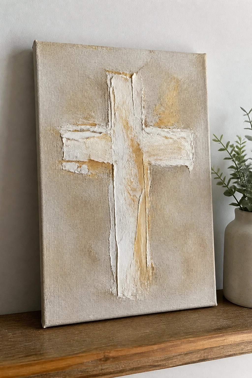 Textured abstract cross painting in white and beige on canvas beside ceramic vase on shelf