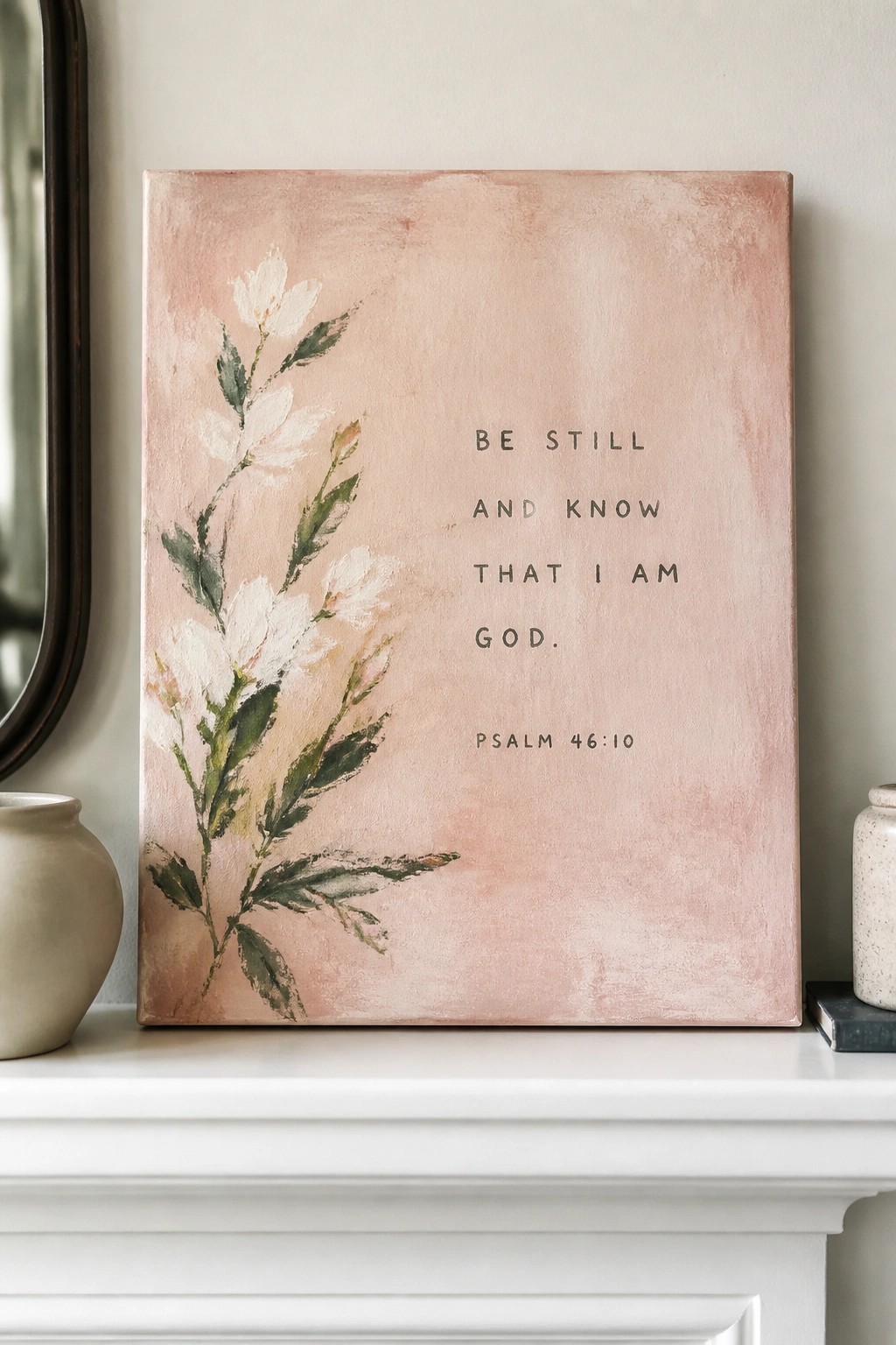 Pink floral canvas with white flowers and Psalm 46:10 verse on white mantel with vases