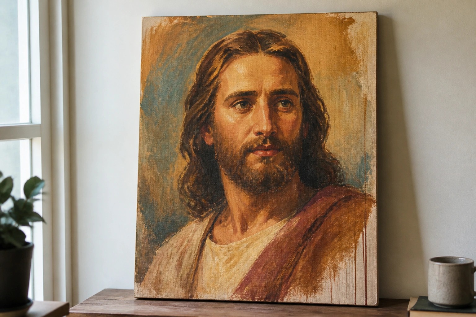 Oil painting of Jesus with long hair and beard in red robe on wooden shelf