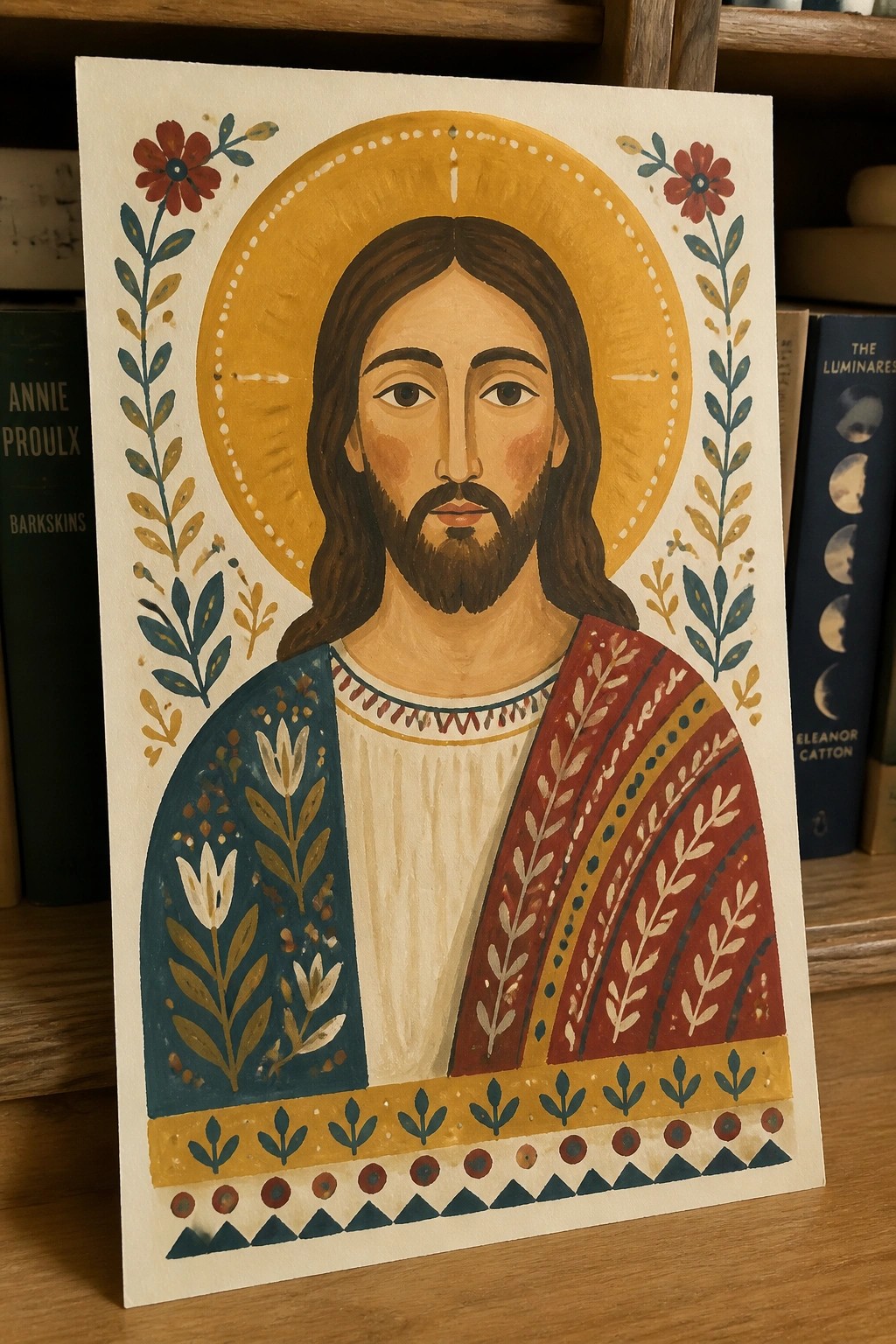 Colorful folk art portrait of Jesus in patterned robe with halo and decorative flowers