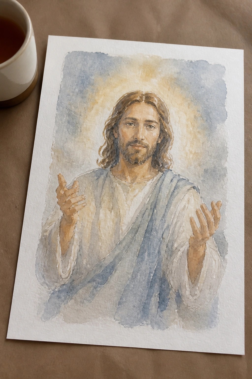 Watercolor of Jesus in white and blue robes, hands raised with glowing halo background.