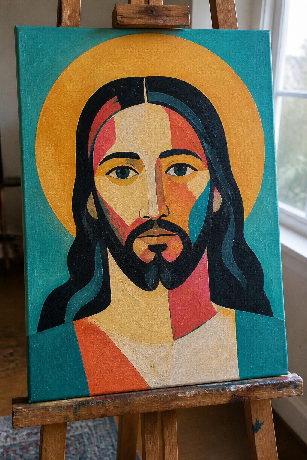 Geometric portrait of Jesus with golden halo and colorful face on wooden easel.