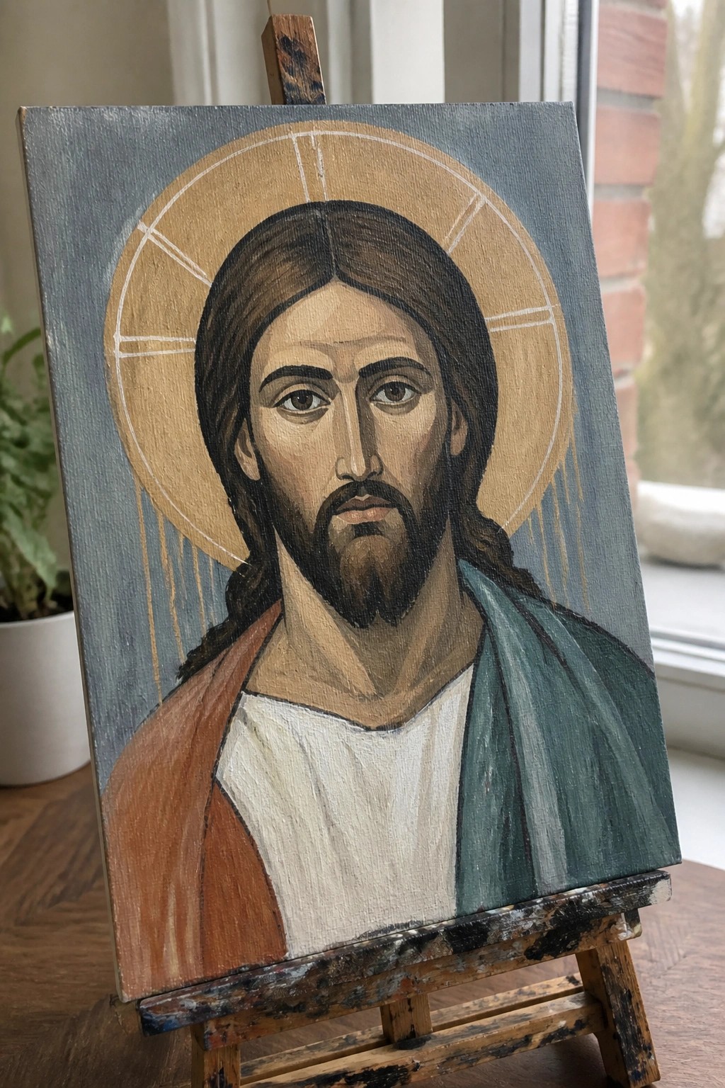 Oil painting of Jesus with golden halo on wooden easel near window