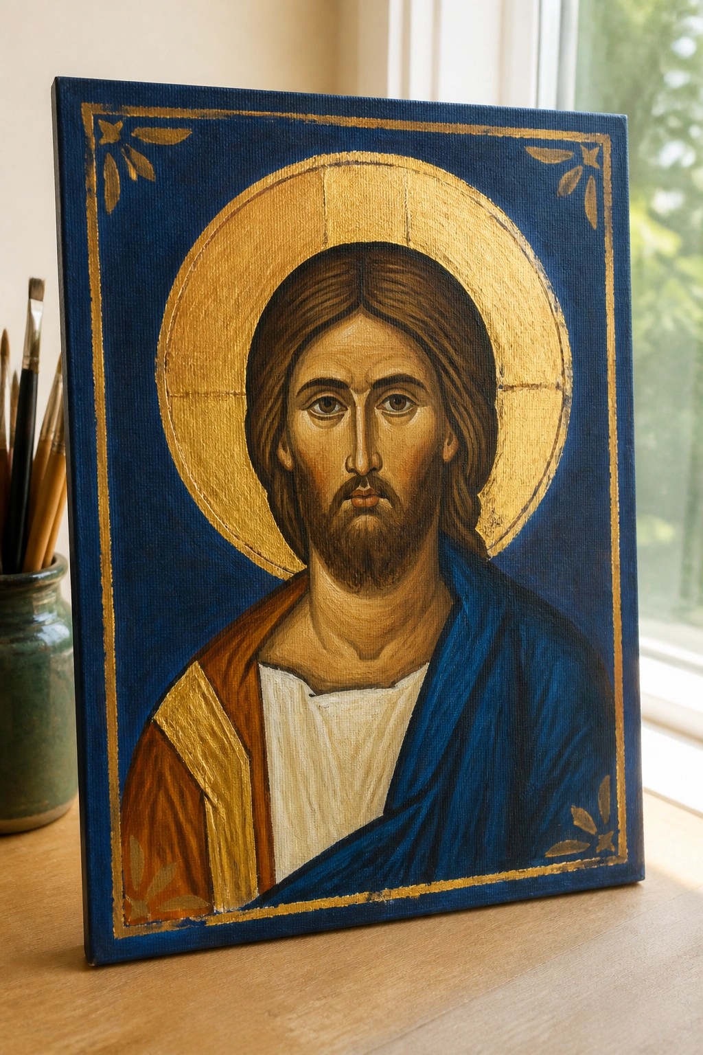 Byzantine icon of Jesus in blue robe with gold halo on wooden table beside brushes