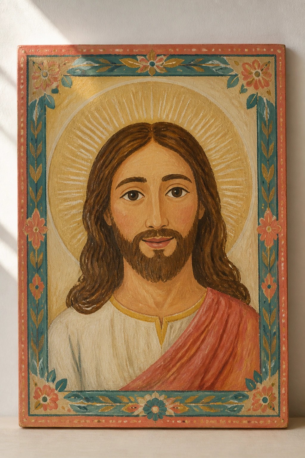 Bearded Jesus with brown hair, golden halo, white tunic and red mantle in floral frame.