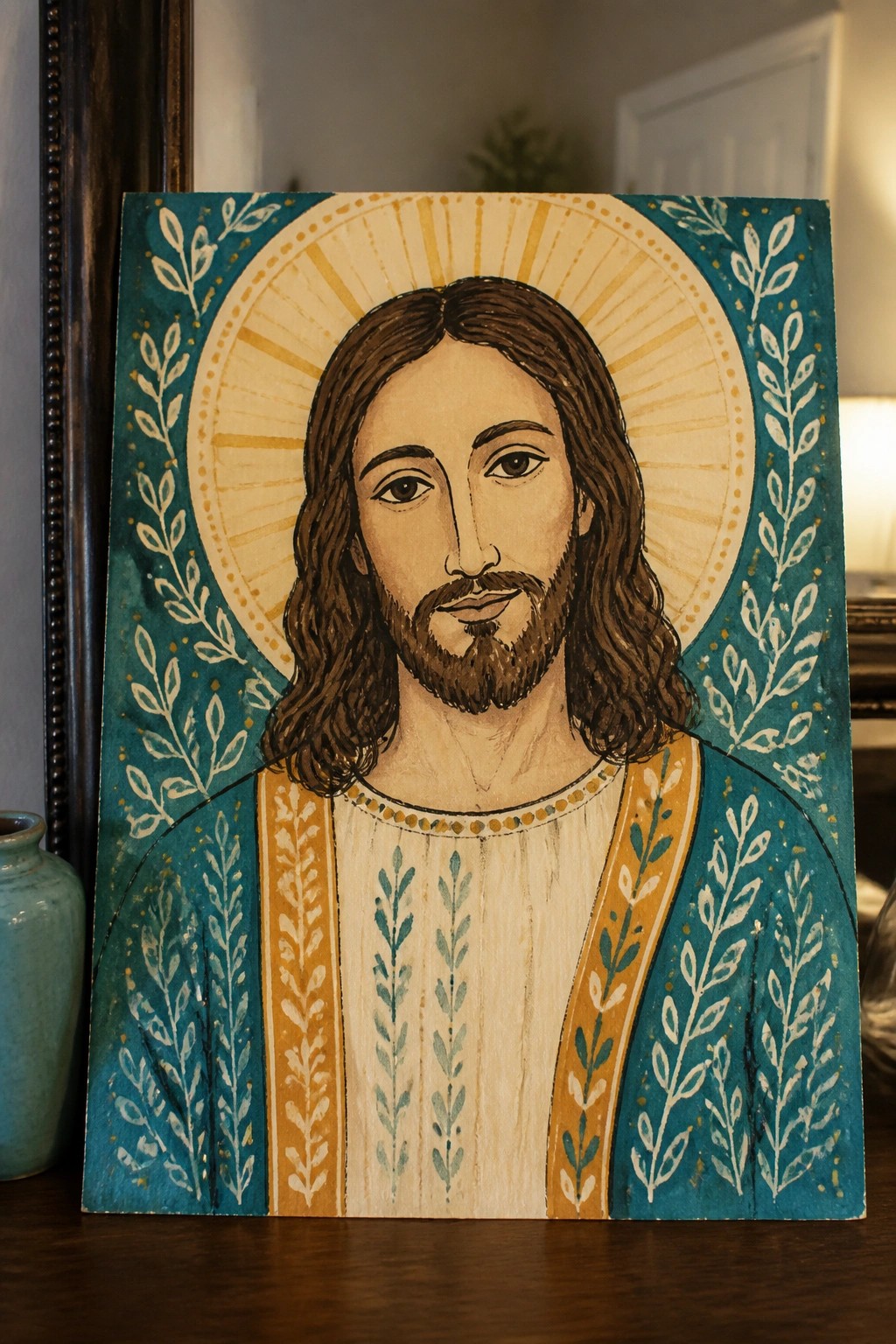 Watercolor portrait of Jesus with long hair, beard, teal-gold robe, and radiant halo.