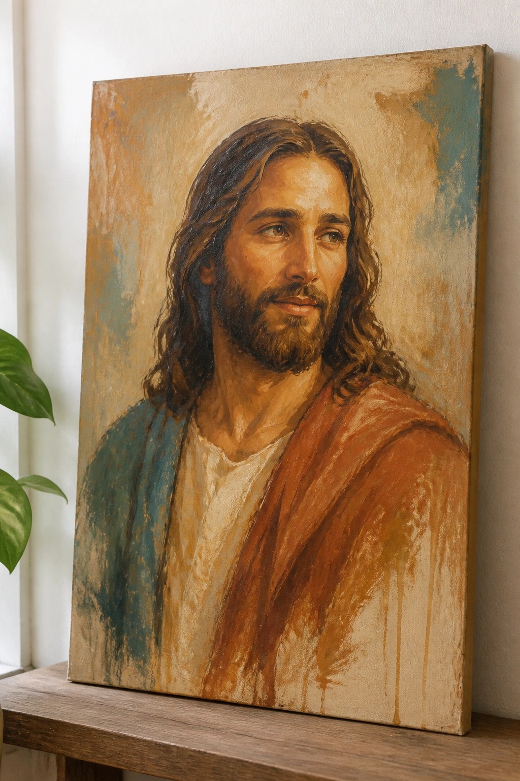 Oil painting of Jesus with long hair and beard in red robe on wooden shelf