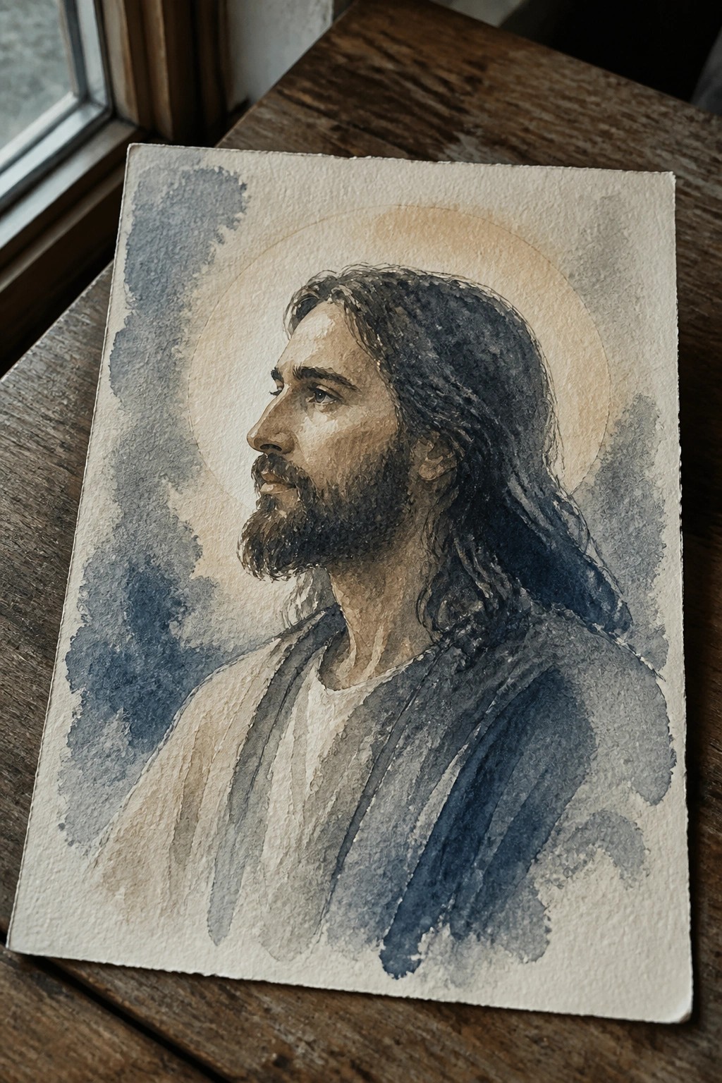 Watercolor portrait of Jesus in profile with halo, wearing blue and white robes on wood.