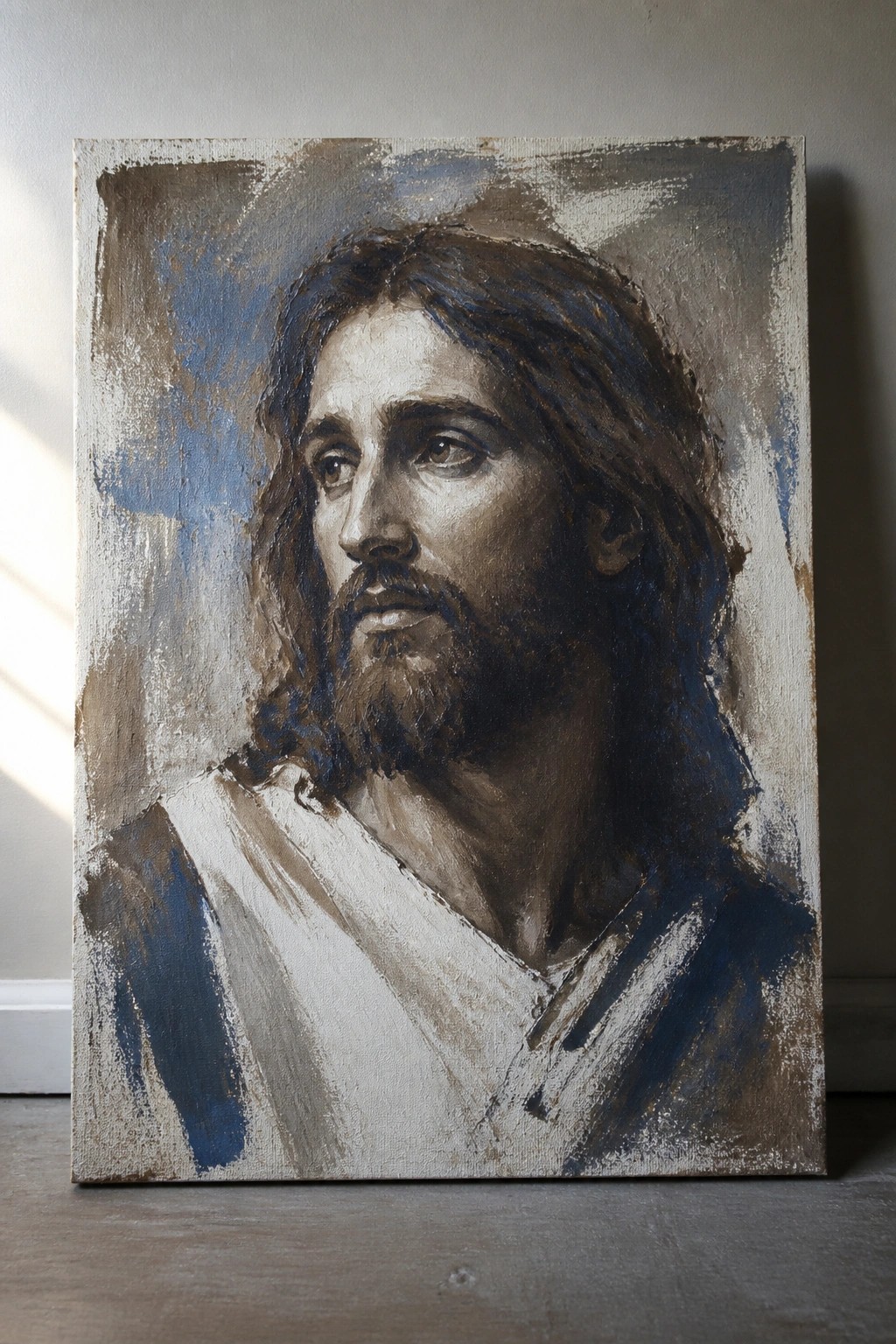Oil painting of Jesus with long brown hair, beard, and white-blue robe