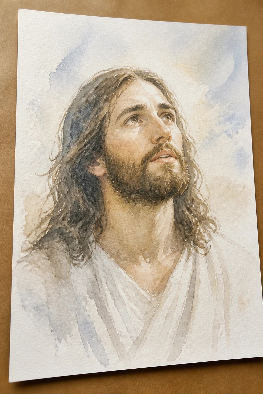 Watercolor portrait of long-haired bearded man in white robe gazing upward with soft blue tones