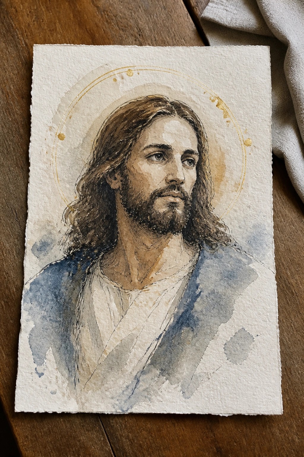Watercolor portrait of Jesus with long brown hair, beard, blue robe, and golden halo.