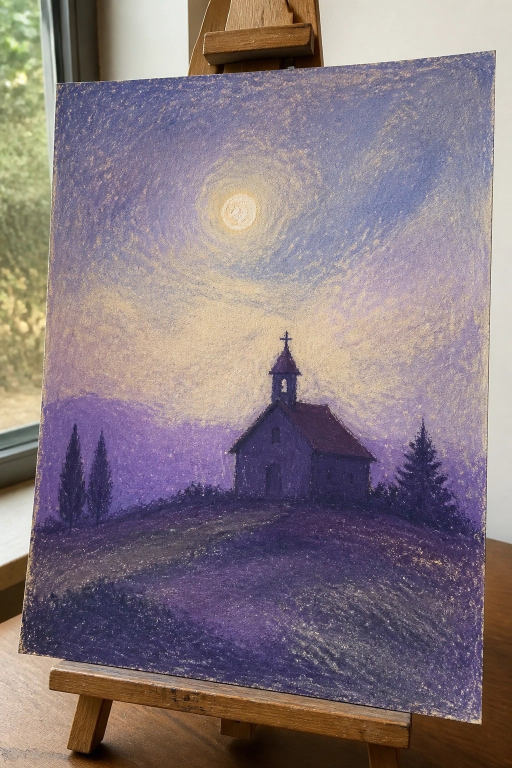 Purple painting on easel of church on hill under glowing sun in swirling sky.