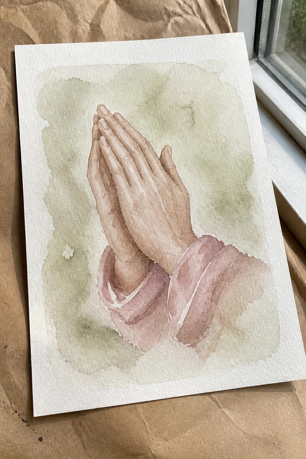 Watercolor of clasped praying hands with pink sleeves on soft green wash.