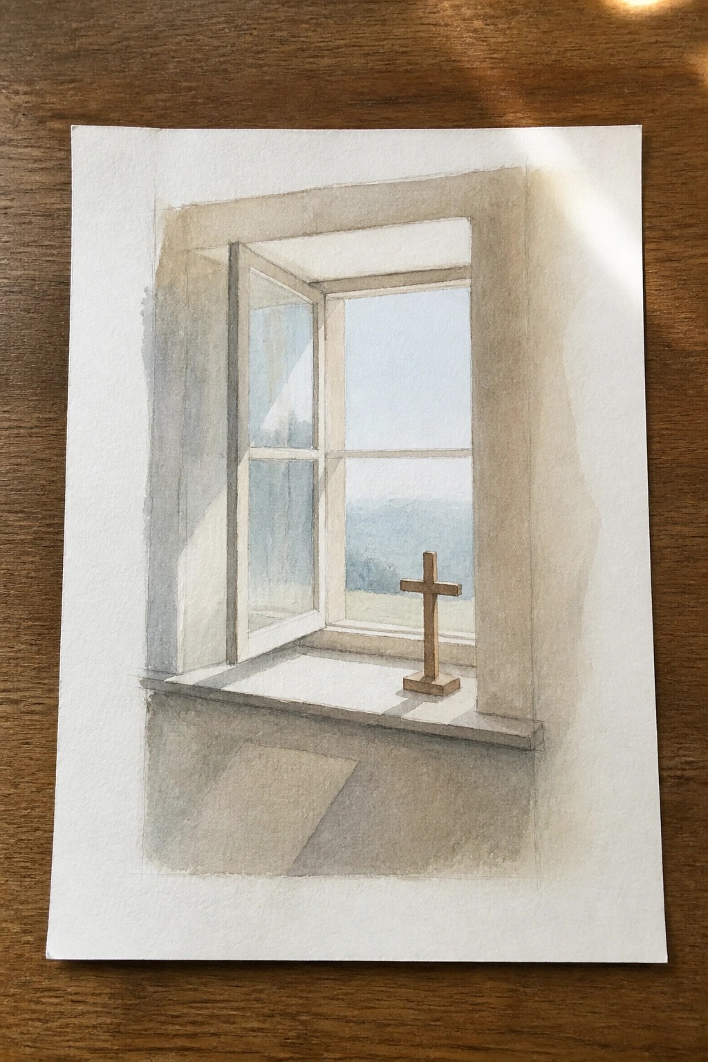 Watercolor of sunlit open window with wooden cross on sill overlooking blue hills